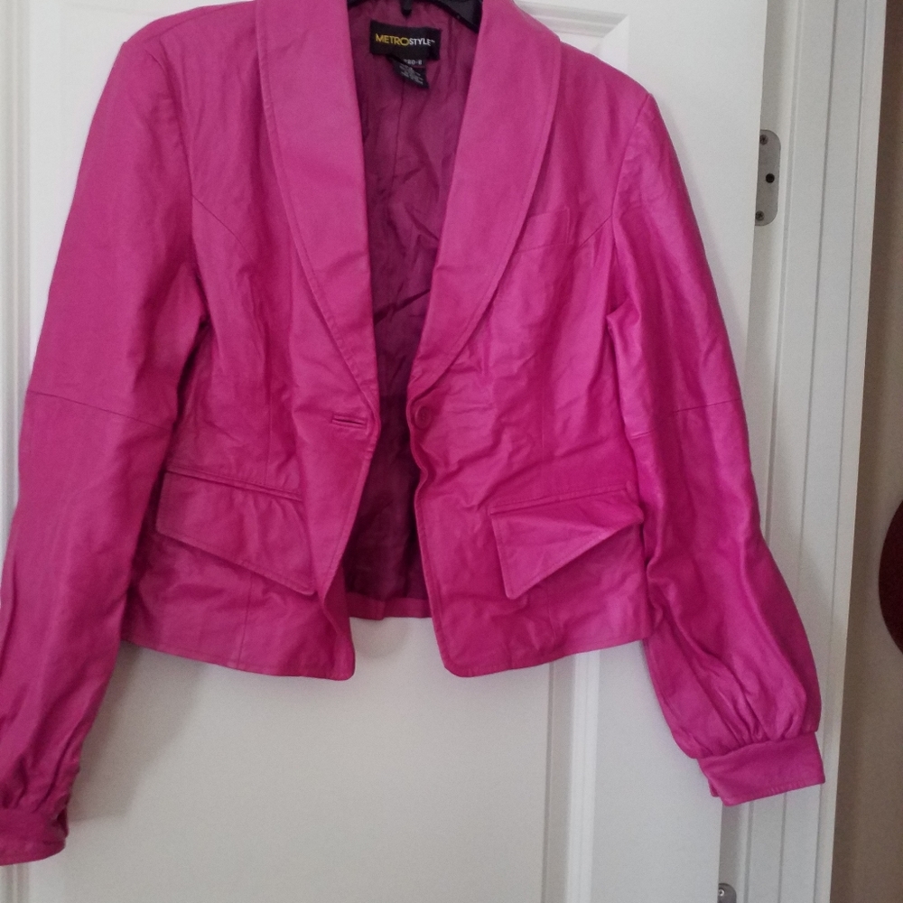 Fuschia leather jacket and pant
